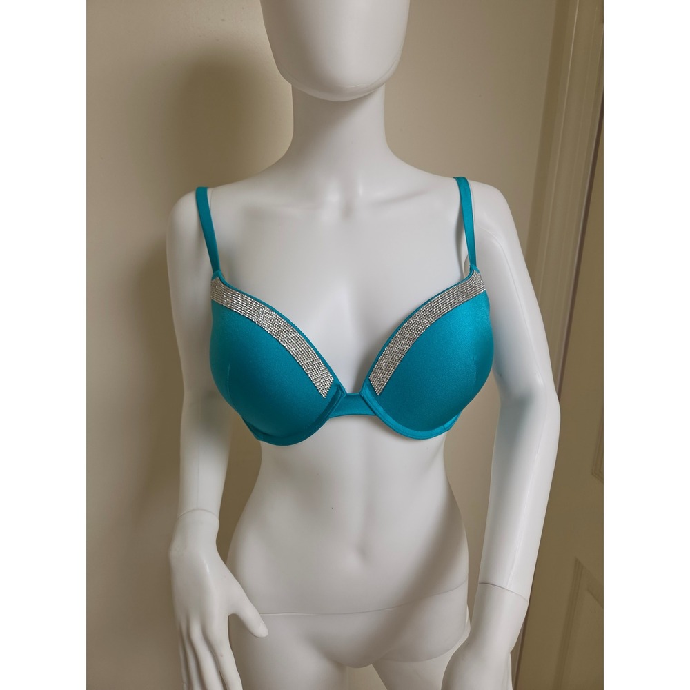 Victoria's Secret Swim Teal Blue Rhinestone Push Up Bikini Top 34DD New